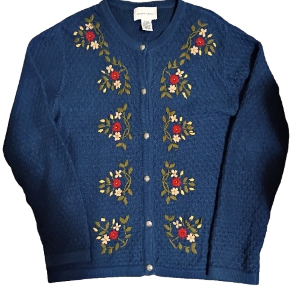 Embroidered Floral Lemon Grass Cardigan Sweater M Granny Vintage